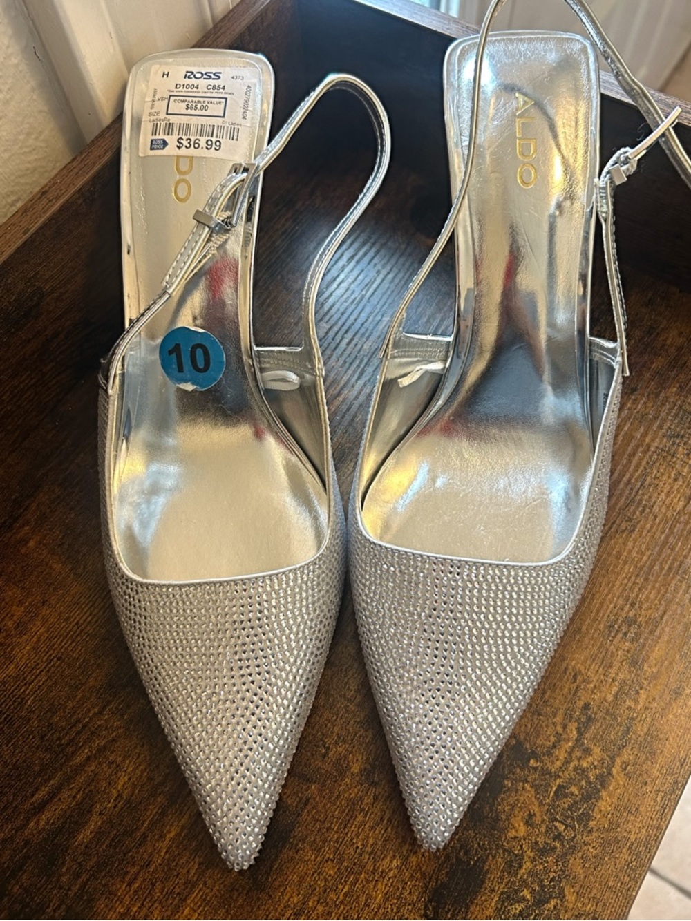Aldo Silver Rhinestone Pointed Slingback Heels